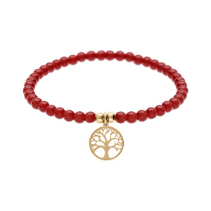 Bracelet extensible en acier et PVD jaune perles 4mm pierres naturelles Agate rouge et pampille arbre de vie - Vue 1