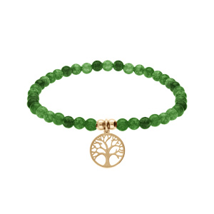 Bracelet extensible en acier et PVD jaune perles 4mm pierres naturelles Agate verte et pampille arbre de vie - Vue 1