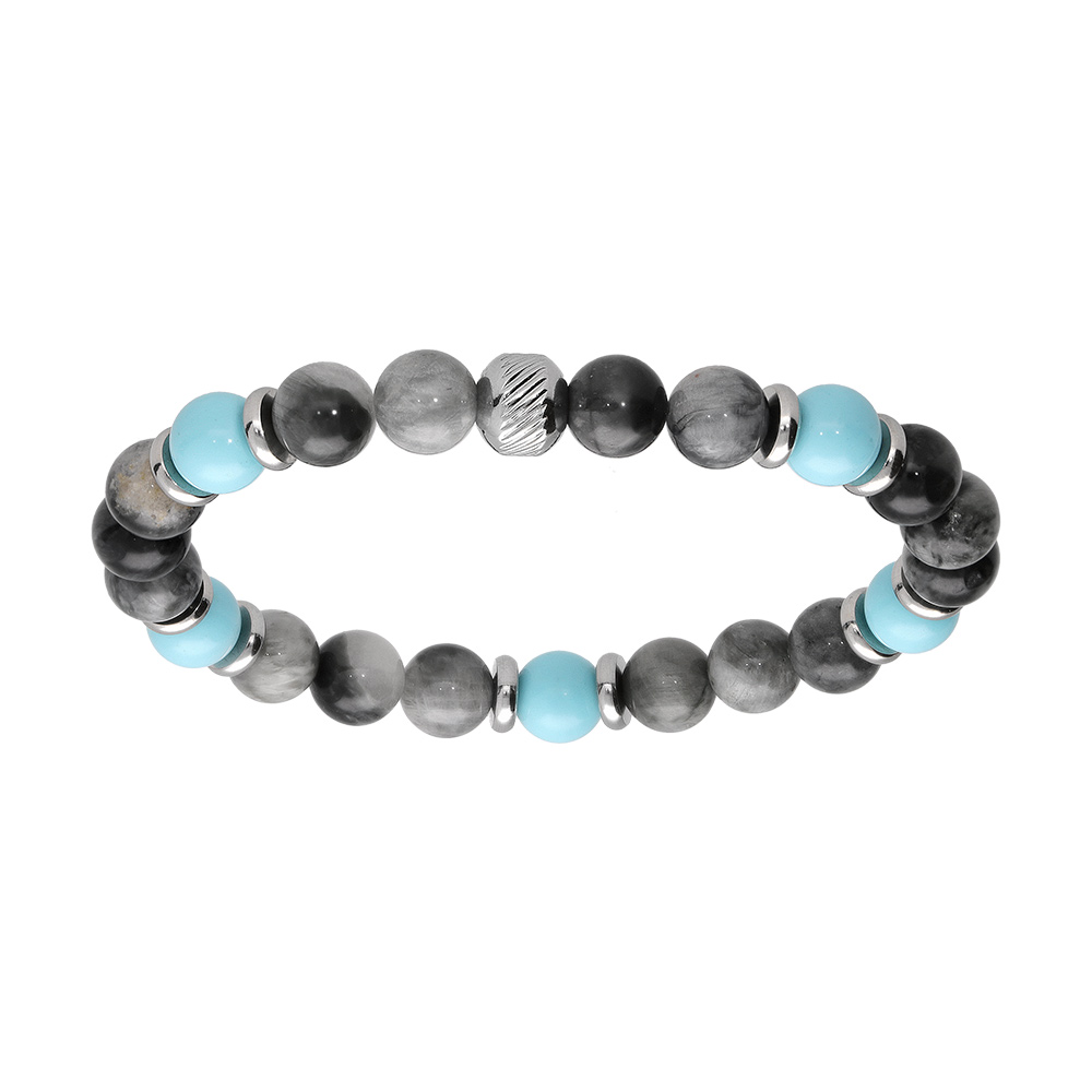 Bracelet extensible en acier perles Howlite et Jade v�ritable avec perles couleur turquoise - Vue 1