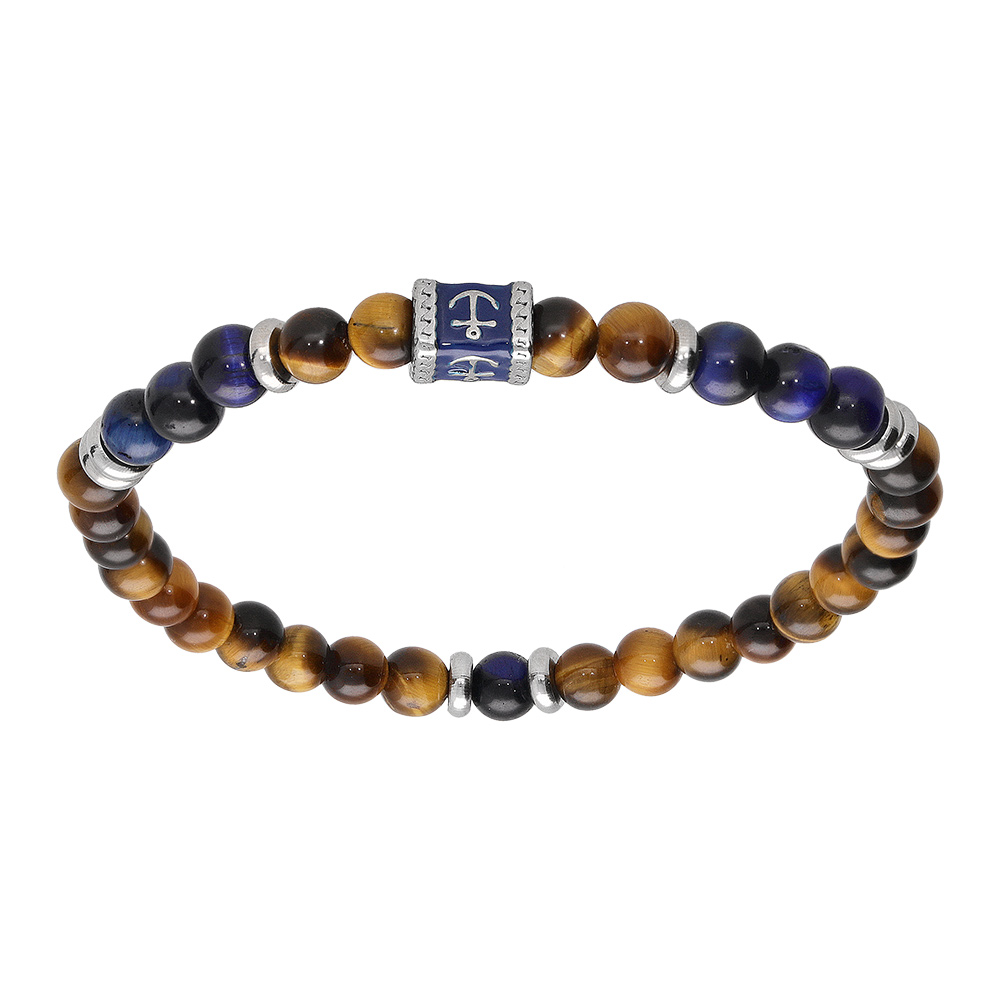 Bracelet extensible en acier perles imitation Oeil de Tigre et Sodalite v�ritable avec perle ancre marine - Vue 1