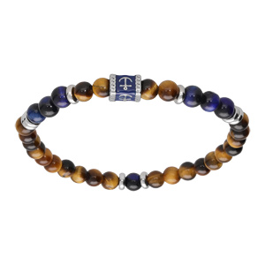 Bracelet extensible en acier perles imitation Oeil de Tigre et Sodalite v�ritable avec perle ancre marine