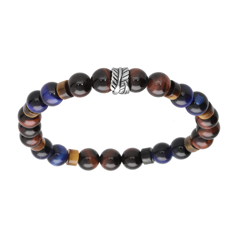 Bracelet extensible en acier perles Oeil de Tigre et Sodalite bleu imitation - Vue 1
