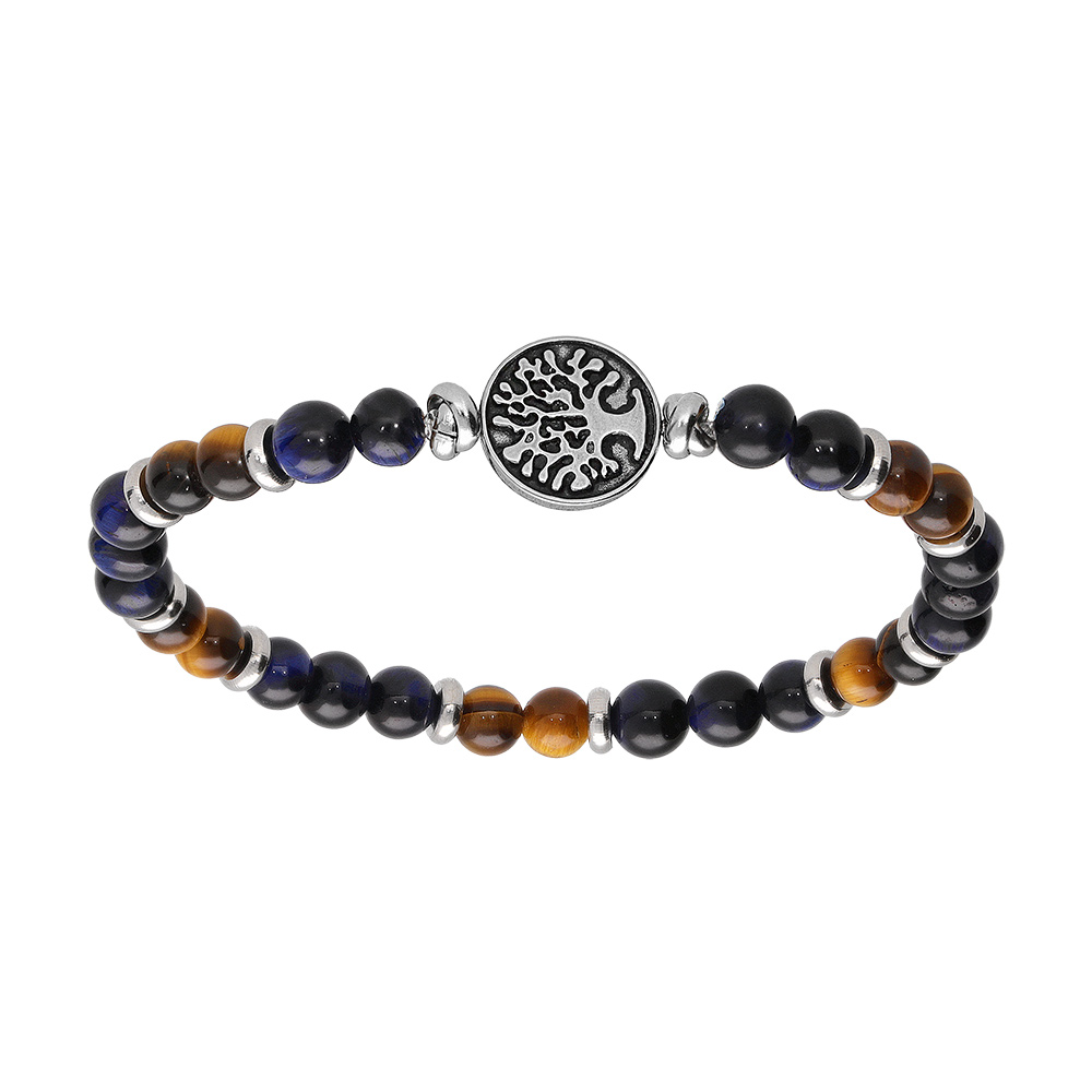 Bracelet extensible en acier perles Oeil de Tigre et Sodalite v�ritable avec pastille motif arbre de vie - Vue 1