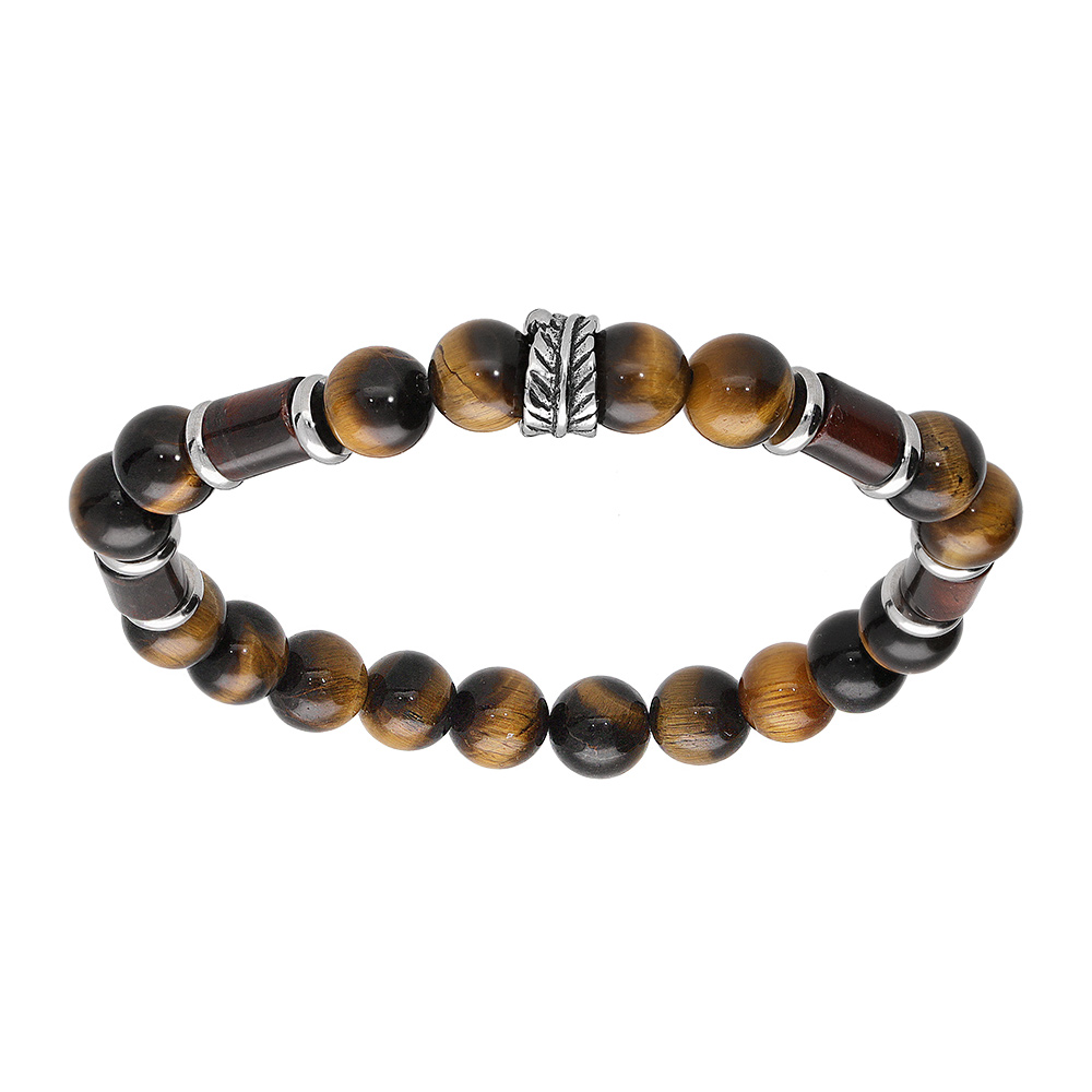 Bracelet extensible en acier perles Oeil de Tigre marron v�ritable avec perle feuille - Vue 1