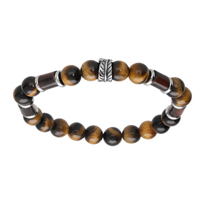 Bracelet extensible en acier perles Oeil de Tigre marron vritable avec perle feuille - Vue 1