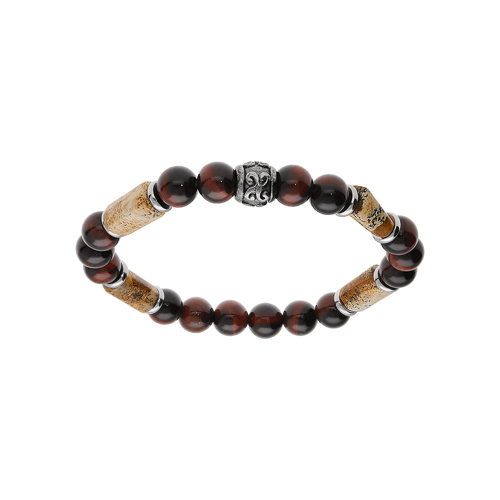 Bracelet extensible en acier perles Oeil de Tigre marron v�ritable et motif paesina - Vue 1