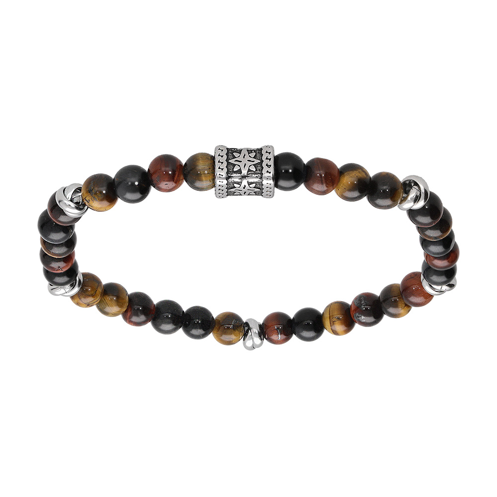 Bracelet extensible en acier perles Oeil de Tigre v�ritable et perle tube motifs cisel�s - Vue 1