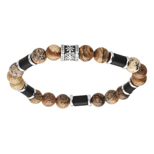 Bracelet extensible en acier perles Paesina et Agate noire - Vue 1