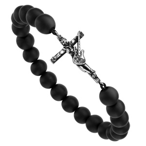 Bracelet extensible en argent croix rock patinée et brillante et perles en pierres de lave - Vue 1