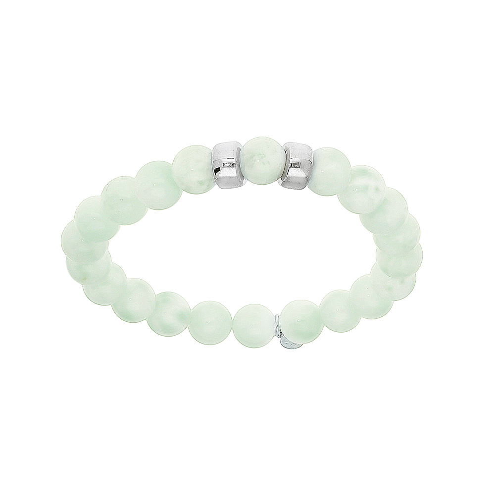 Bracelet extensible en argent platin� avec boules Angelite vert clair v�ritable et 2 charms � graver - Vue 1