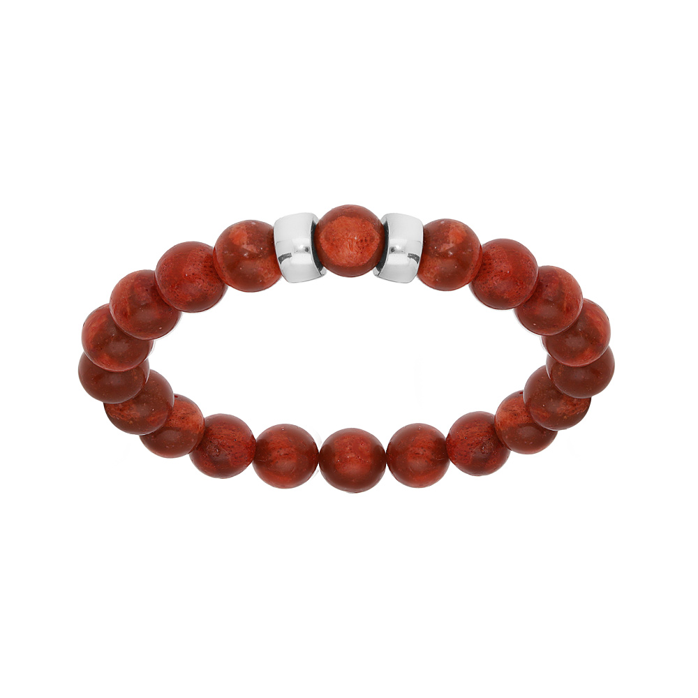 Bracelet extensible en argent platin� avec boules Corail v�ritable et 2 charms � graver - Vue 1