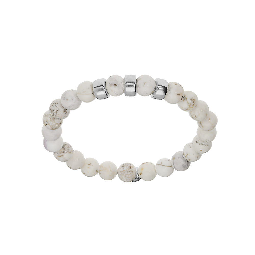 Bracelet extensible en argent platin� avec boules Howlite blanche et marron v�ritable et 3 charms � graver - Vue 1