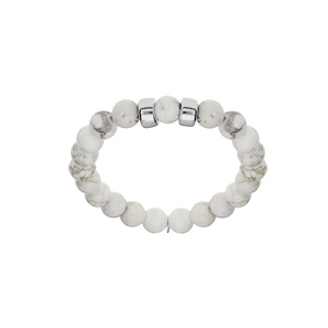 Bracelet extensible en argent platin avec boules Howlite blanches et marron vritable et 2 charms  graver - Vue 1