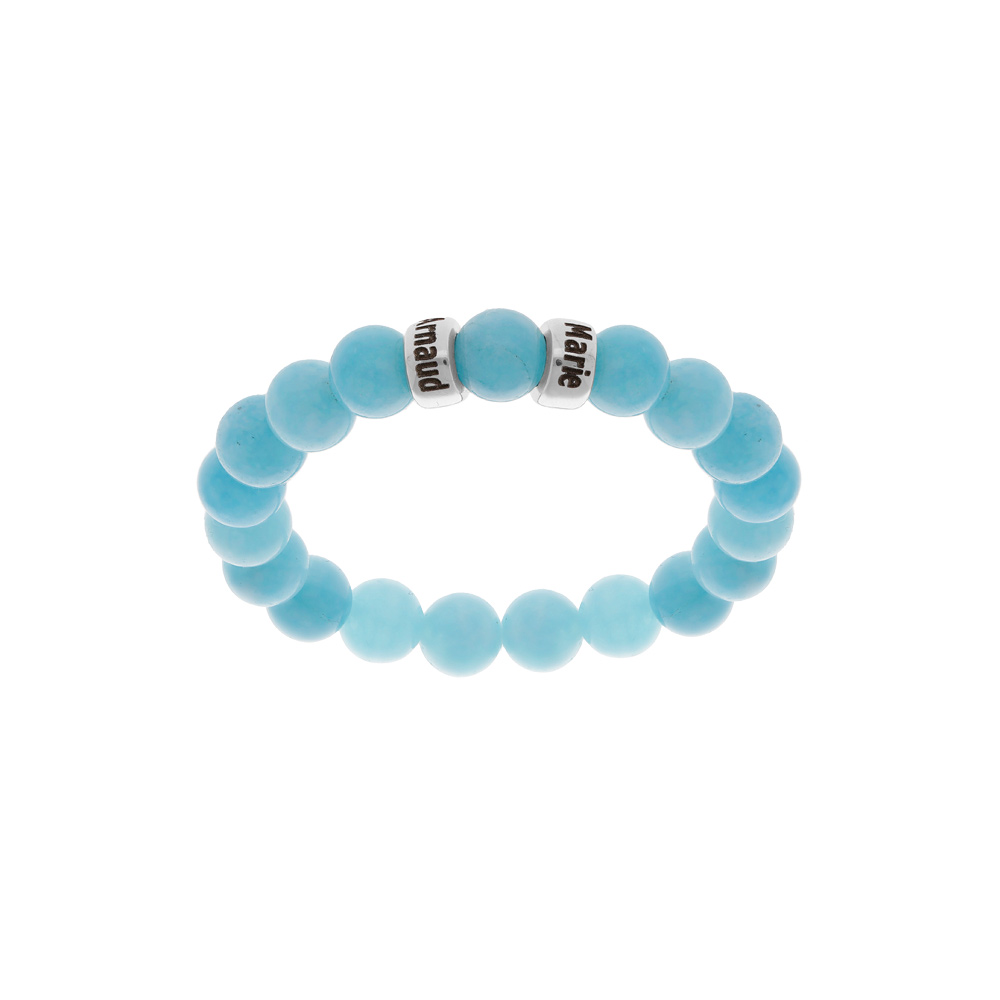 Bracelet extensible en argent platin� avec boules Jade bleu v�ritable et 2 charms � graver - Vue 1