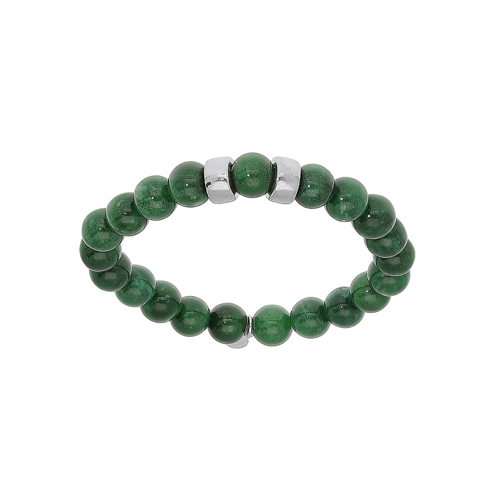 Bracelet extensible en argent platin� avec boules Jade vert v�ritable et 2 charms � graver - Vue 1