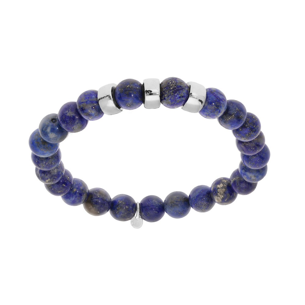 Bracelet extensible en argent platin� avec boules Lapis Lazuli bleu v�ritable et 3 charms � graver - Vue 1