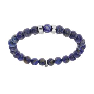 Bracelet extensible en argent platin avec boules Lapis Lazuli bleu vritable et 2 charms  graver - Vue 1