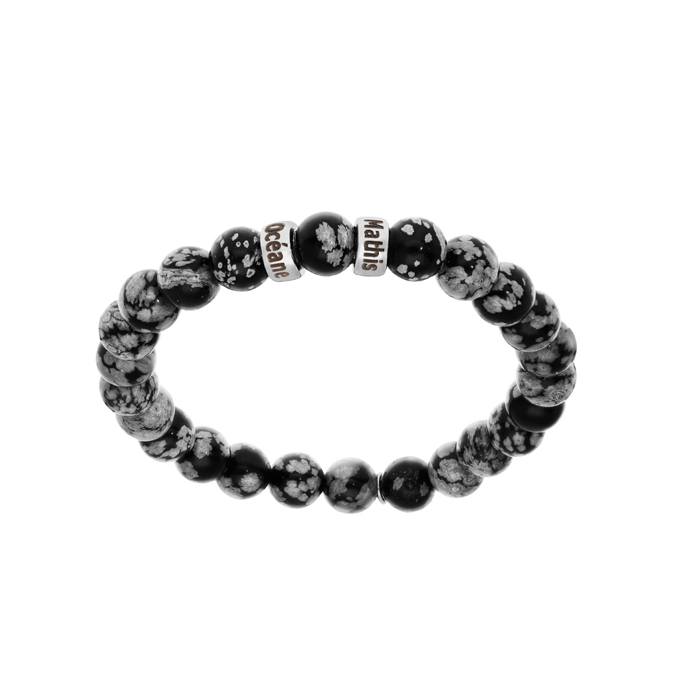 Bracelet extensible en argent platin� avec boules Obsidienne gris v�ritable et 2 charms � graver - Vue 1