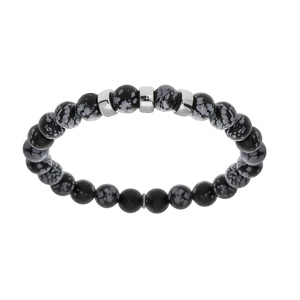 Bracelet extensible en argent platin avec boules Obsidienne gris vritable et 3 charms  graver - Vue 1