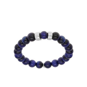 Bracelet extensible en argent platin avec boules Oeil de tigre bleu vritable et 2 charms  graver - Vue 1