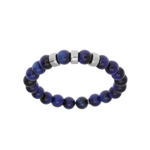 Bracelet extensible en argent platin avec boules Oeil de tigre bleu vritable et 3 charms  graver - Vue 1