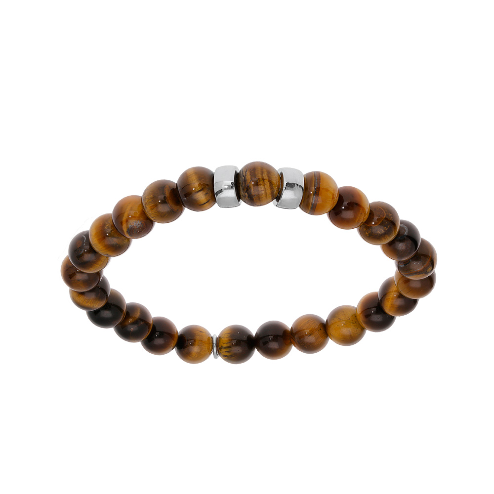 Bracelet extensible en argent platin� avec boules Oeil de tigre marron v�ritable et 2 charms � graver - Vue 1