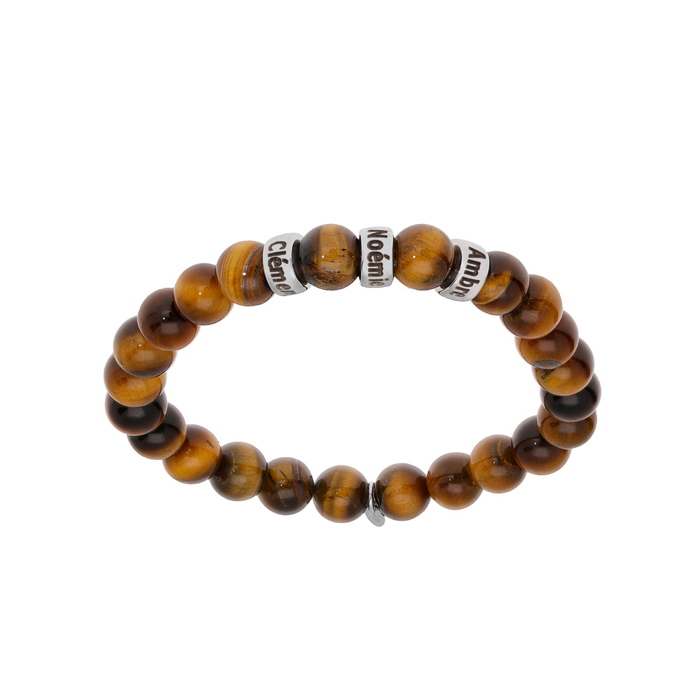 Bracelet extensible en argent platin� avec boules Oeil de tigre marron v�ritable et 3 charms � graver - Vue 1