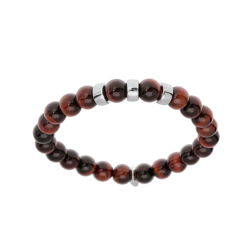 Bracelet extensible en argent platin� avec boules Oeil de tigre rouge v�ritable et 3 charms � graver - Vue 1