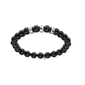 Bracelet extensible en argent platin avec boules Onyx vritable et 3 charms  graver - Vue 1