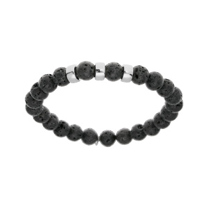 Bracelet extensible en argent platin avec boules Pierre de lave noir mat vritable et 3 charms  graver - Vue 1