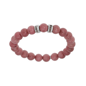 Bracelet extensible en argent platin avec boules Rhodocrosite rose vritable et 2 charms  graver - Vue 1