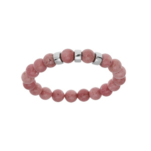 Bracelet extensible en argent platin avec boules Rhodocrosite rose vritable et 3 charms  graver - Vue 1