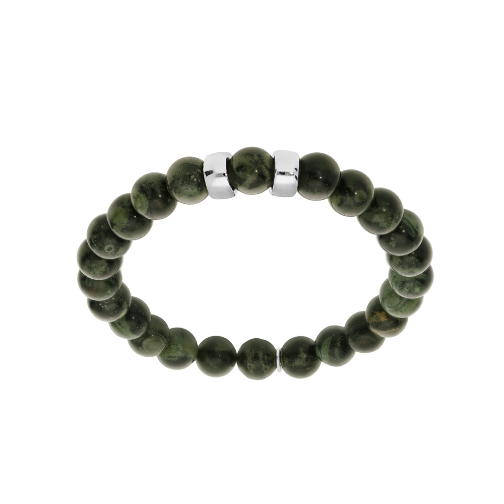 Bracelet extensible en argent platin� avec boules Rhyolite vert v�ritable et 2 charms � graver - Vue 1