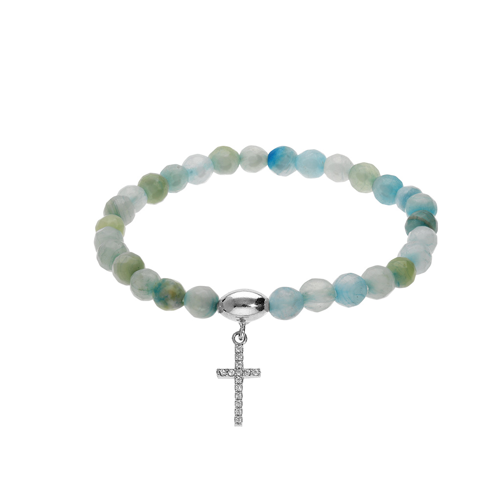 Bracelet extensible en argent rhodi� avec pierres naturelles 6mm Agate bleu ciel et verte eau avec croix 15mm oxydes blancs - Vue 1