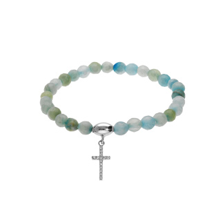 Bracelet extensible en argent rhodi avec pierres naturelles 6mm Agate bleu ciel et verte eau avec croix 15mm oxydes blancs - Vue 1