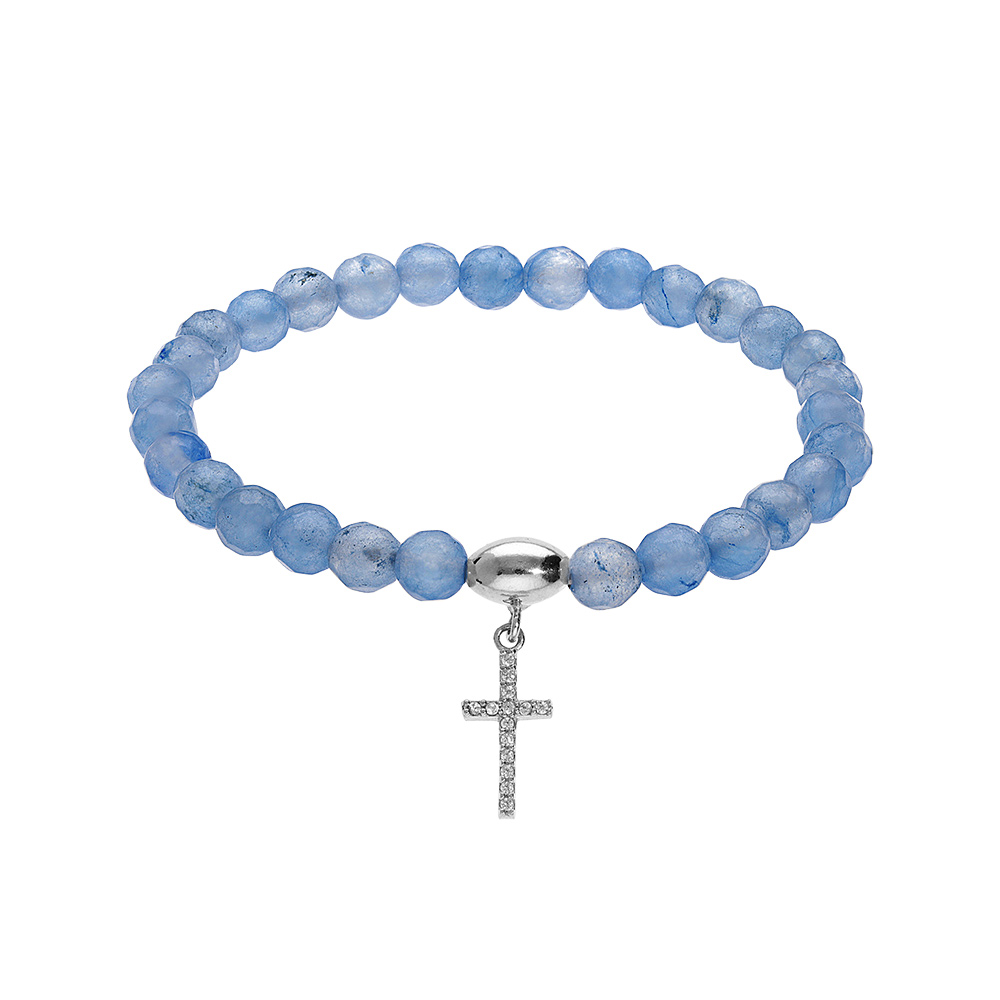 Bracelet extensible en argent rhodi� avec pierres naturelles 6mm Agate bleu clair et pampille croix 15mm oxydes blancs - Vue 1