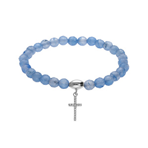 Bracelet extensible en argent rhodi avec pierres naturelles 6mm Agate bleu clair et pampille croix 15mm oxydes blancs - Vue 1