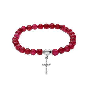 Bracelet extensible en argent rhodié avec pierres naturelles 6mm Agate grenat avec croix 15mm oxydes blancs - Vue 1