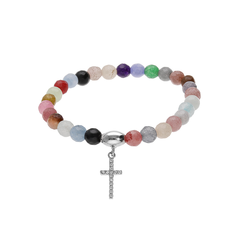 Bracelet extensible en argent rhodi� avec pierres naturelles 6mm Agate multicolore avec croix 15mm oxydes blancs - Vue 1