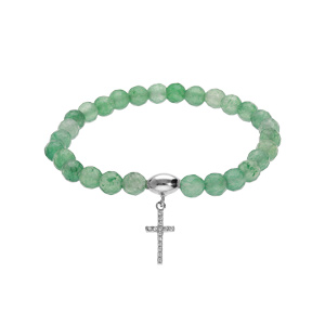 Bracelet extensible en argent rhodi avec pierres naturelles 6mm Agate verte avec croix 15mm oxydes blancs - Vue 1