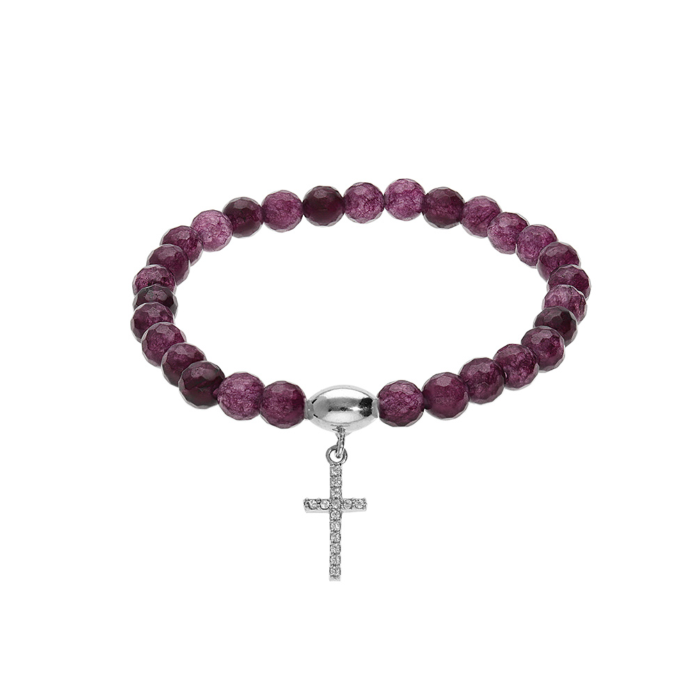 Bracelet extensible en argent rhodi� avec pierres naturelles 6mm Agate violette avec croix 15mm oxydes blancs - Vue 1