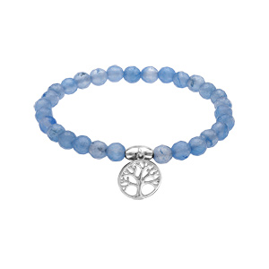Bracelet extensible en argent rhodi avec pierres naturelles Agate bleu clair et pampille arbre de vie - Vue 1
