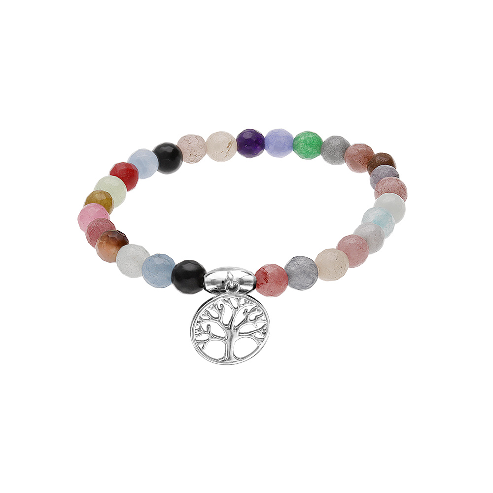 Bracelet extensible en argent rhodi� avec pierres naturelles Agate multicolore et pastille arbre de vie - Vue 1