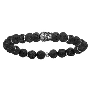 Bracelet extensible en argent rhodi pierres de lave et motif bouddha - Vue 1