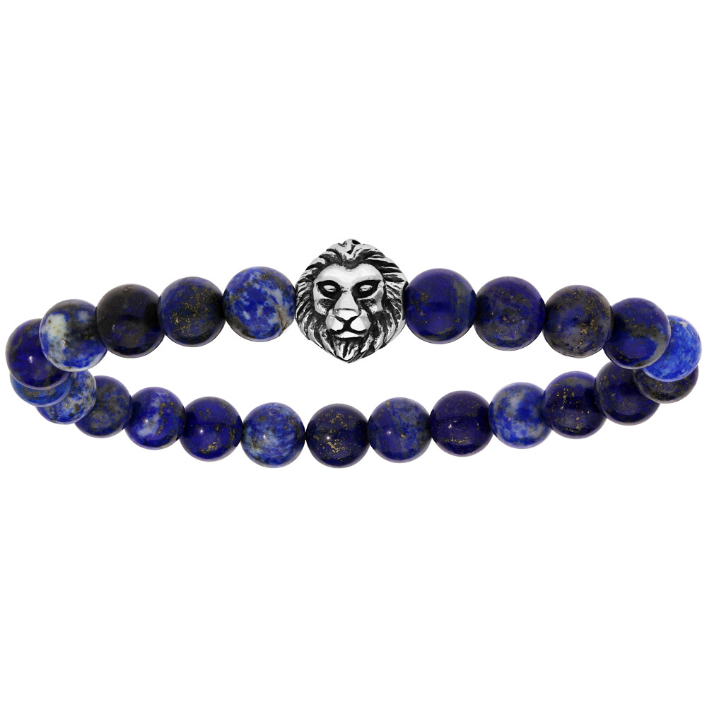 Bracelet extensible en perles de Lapis Lazuli v�ritable et t�te de lion - Vue 1