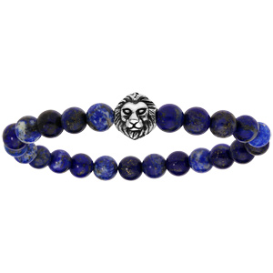 Bracelet extensible en perles de Lapis Lazuli vritable et tte de lion - Vue 1