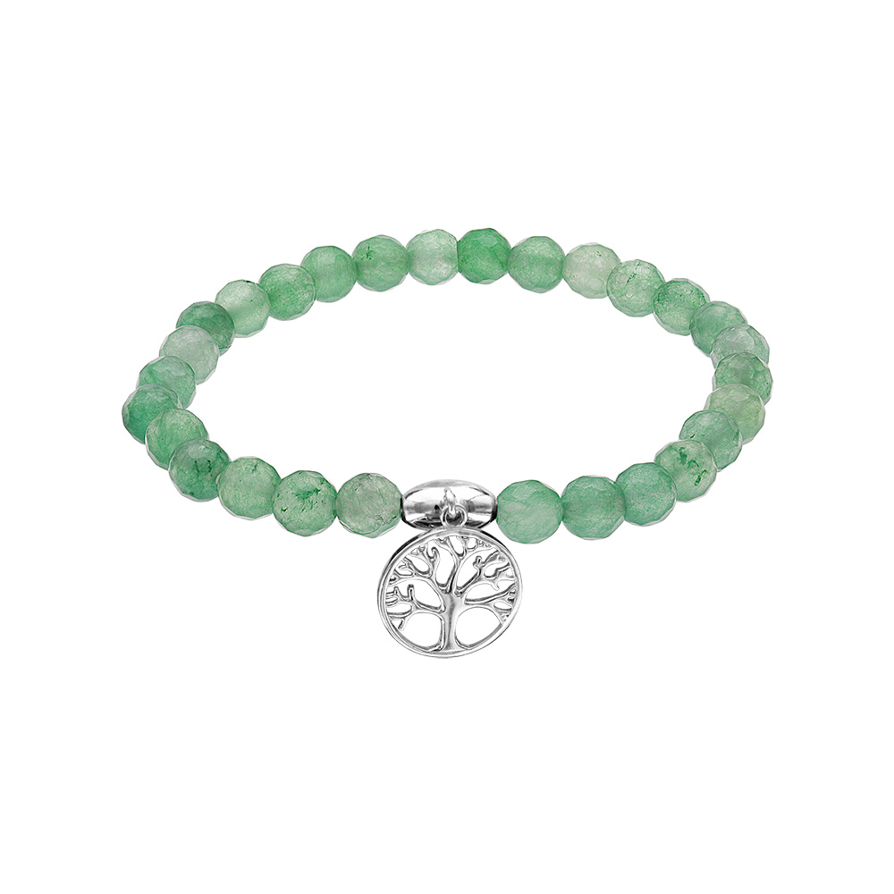 Bracelet extensible en pierres naturelles Agate verte et arbre de vie en argent rhodi� - Vue 1