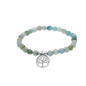 Bracelet extensible en pierres naturelles d\'Agate bleu ciel vritable et arbre de vie en argent rhodi - Vue 1