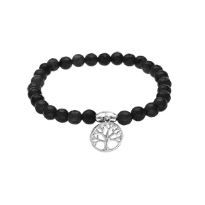 Bracelet extensible en pierres naturelles d\'Agate noire vritable et arbre de vie en argent rhodi - Vue 1