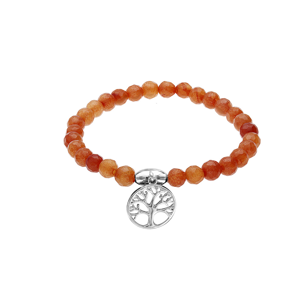 Bracelet extensible en pierres naturelles d\'Agate orange v�ritable et arbre de vie en argent rhodi� - Vue 1